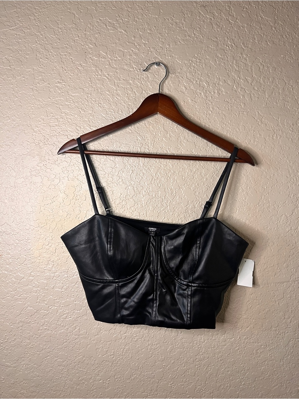 NWT Express Black Faux Leather Bustier Crop Top Adjustable Straps Body Contour